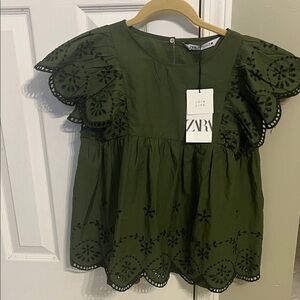 Zara Olive Green Eyelet Flutter-Sleeve Top